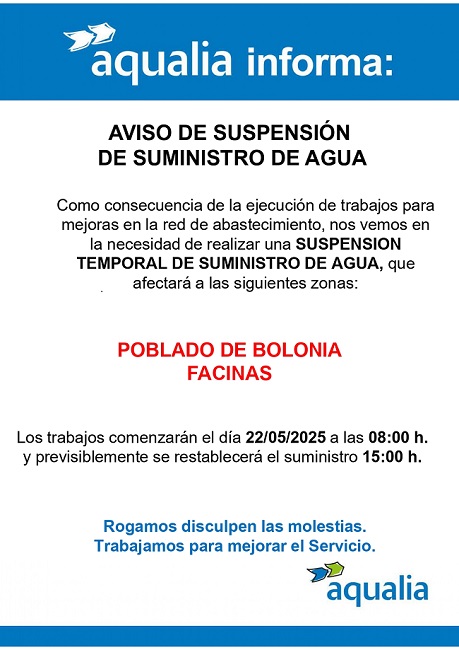 Aqualia informa sobre corte programado en el abastecimiento de agua para el próximo jueve