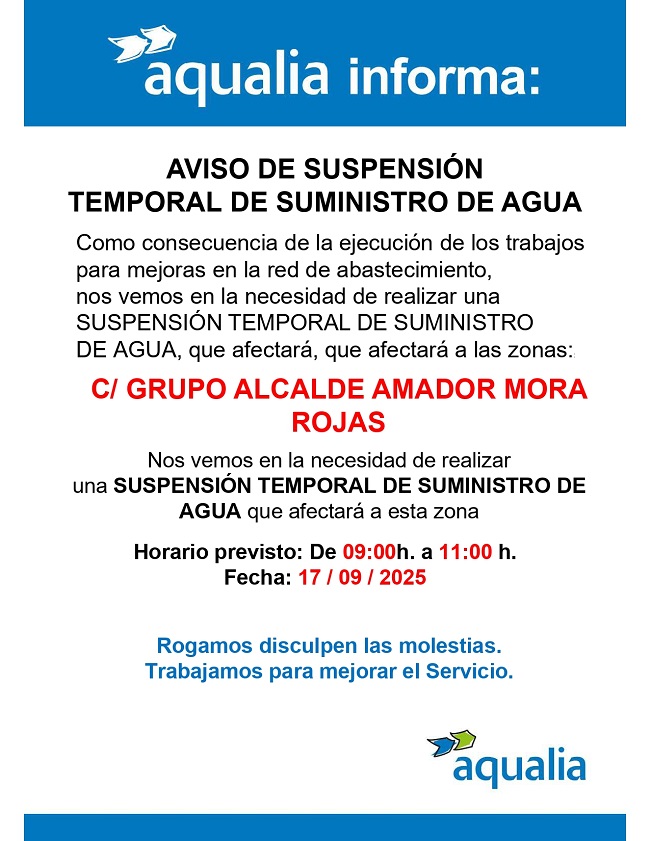 Aqualia anuncia corte programado del suministro para mañana miércoles (17