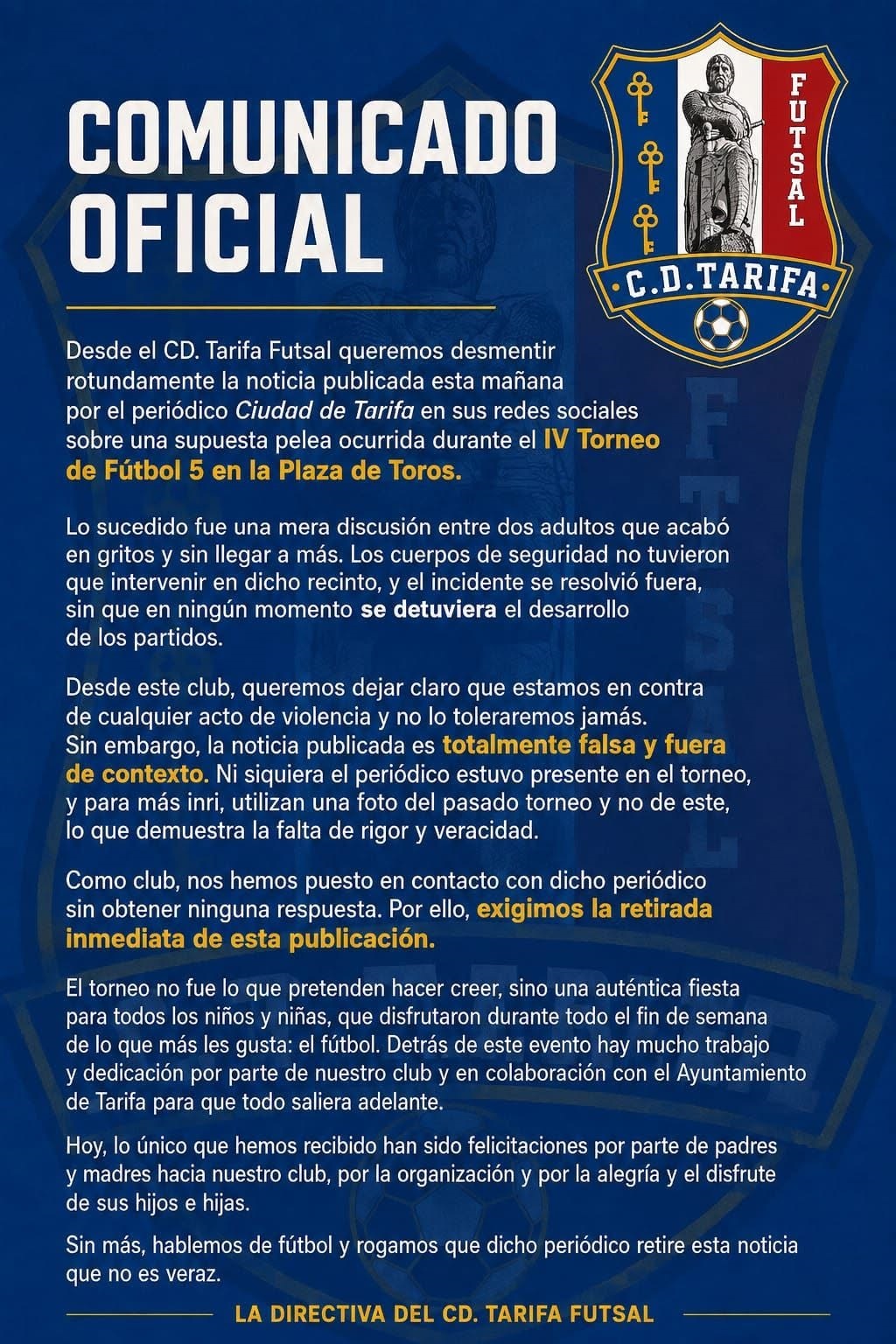 COMUNICADO DEL CLUB Deportivo Tarifa FutSal