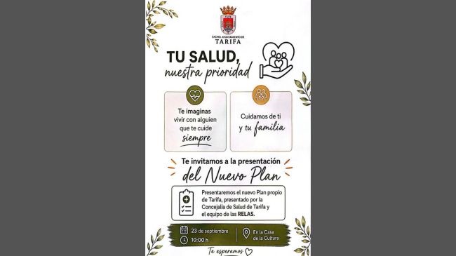 El salón de actos de la Casa de la Cultura acoge mañana miércoles, 23 de septiembre la presentación del nuevo Plan Municipal de Salud impulsado por el Ayuntamiento de Tarifa.