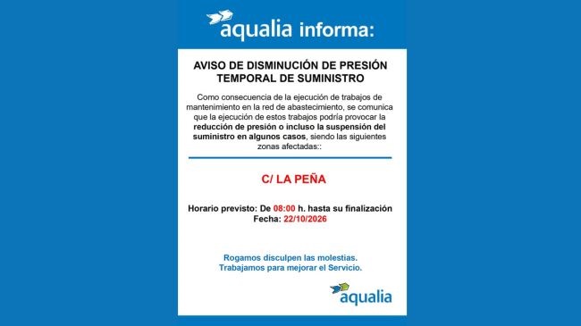 Aqualia advierte de reducción temporal de la presión y en algunos casos, suspensión del suministro en la zona rural de La Peña, mañana jueves, 22 de octubre.
