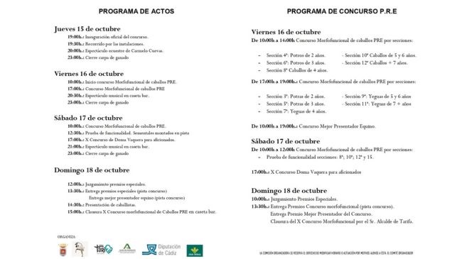 Aquí puedes consultar la programación del X Concurso Morfológico de Caballos P.R.E. "Ciudad de Tarifa".